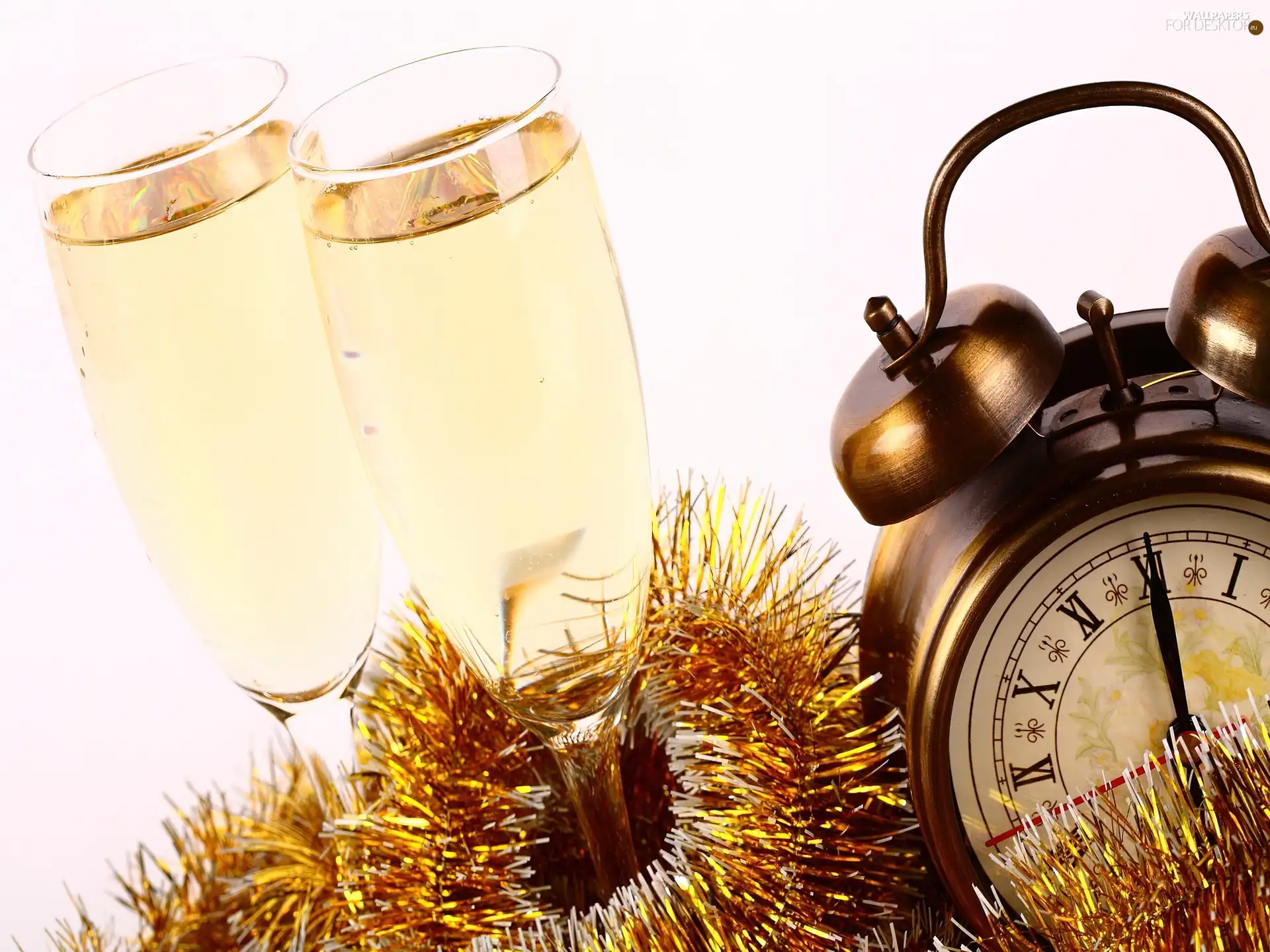 New, year, glasses, Champagne, Clock