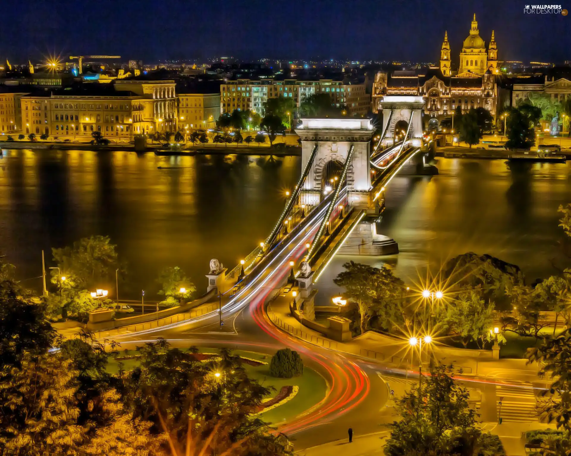 Budapest, bridge, Night, River