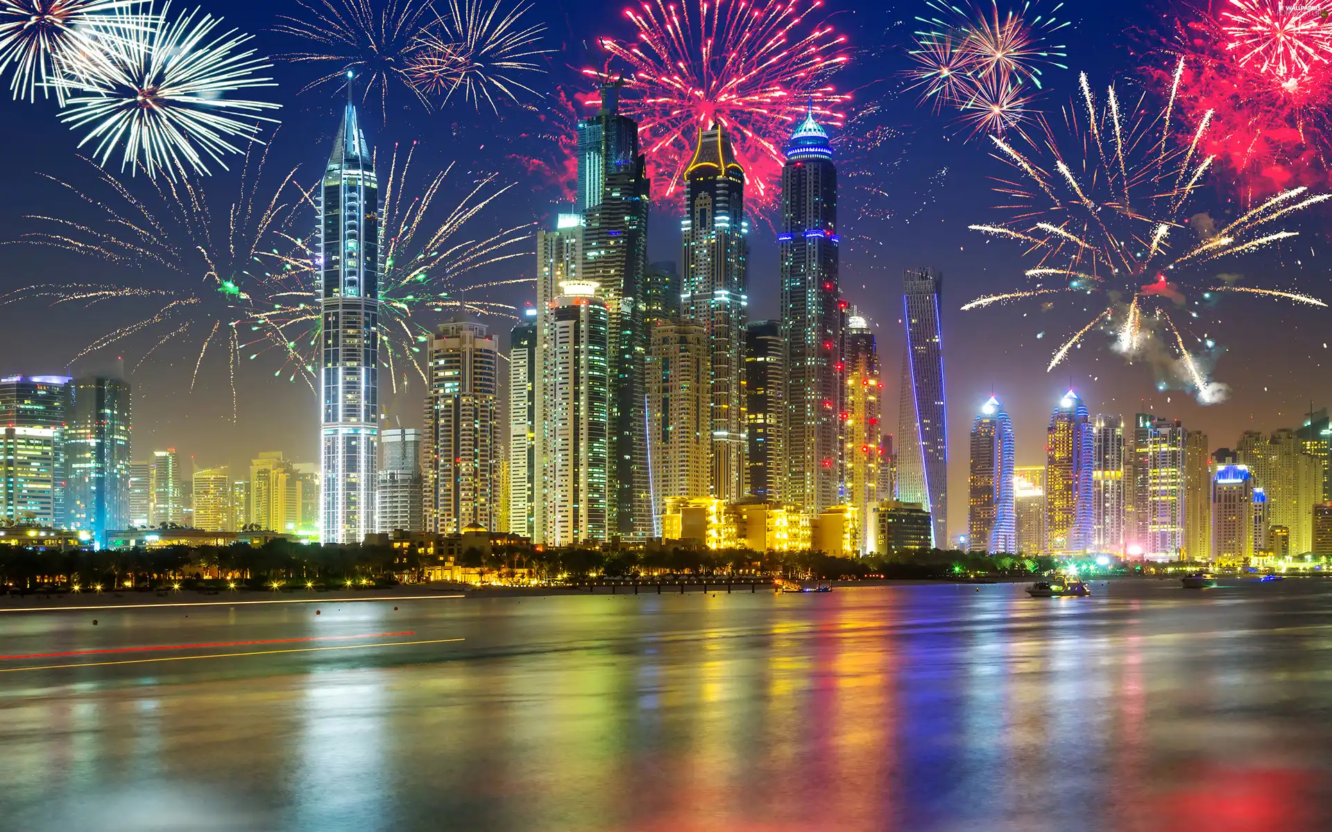 skyscrapers, fireworks, Dubaj, Night, United Arab Emirates