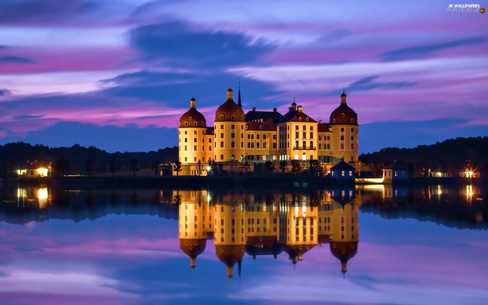 Moritzburg Palace, Saxony, Night, reflection, lake, Germany