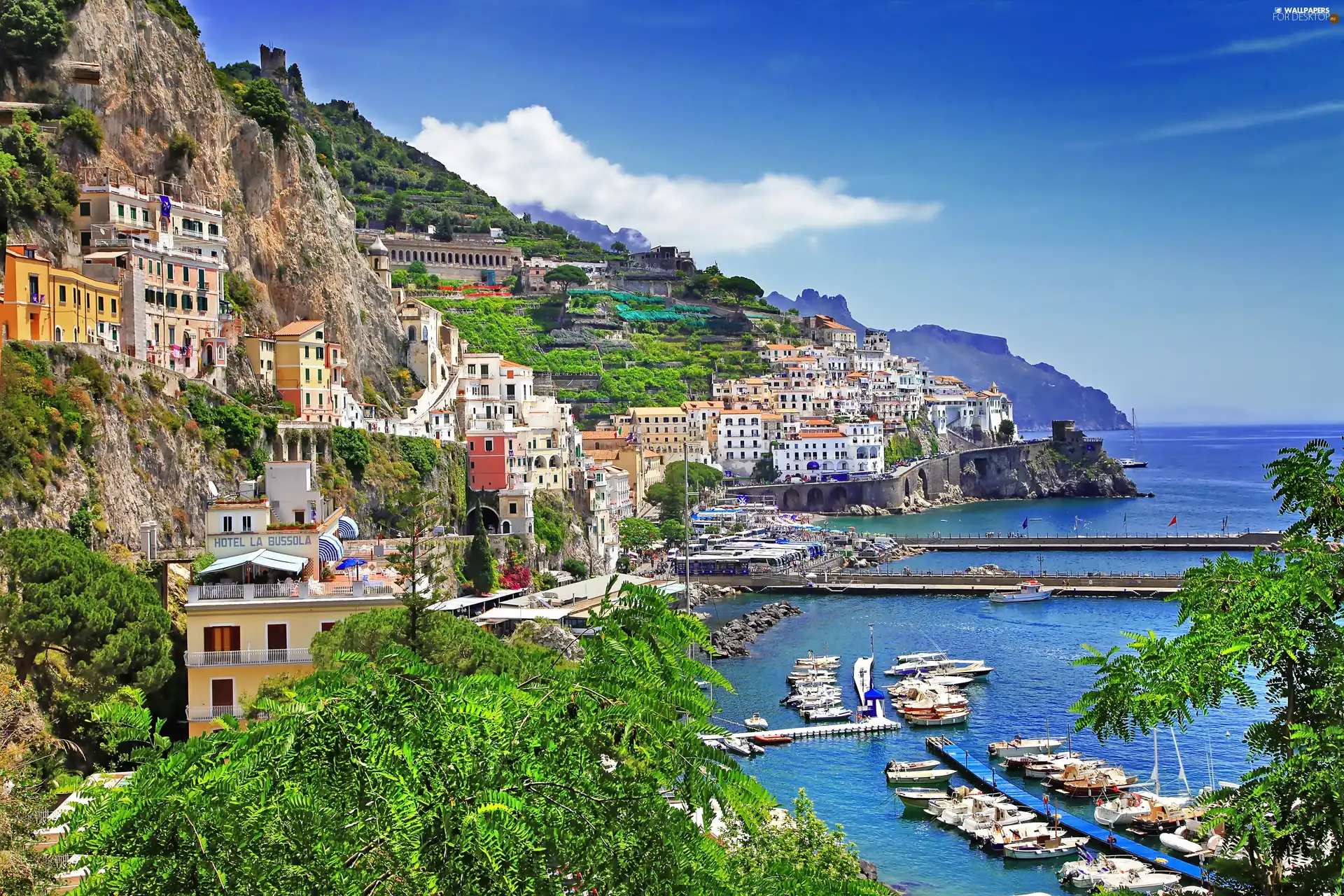 sea, Hotels, Coast, Mountains, Picture of Town, Positano, Italy, Boats