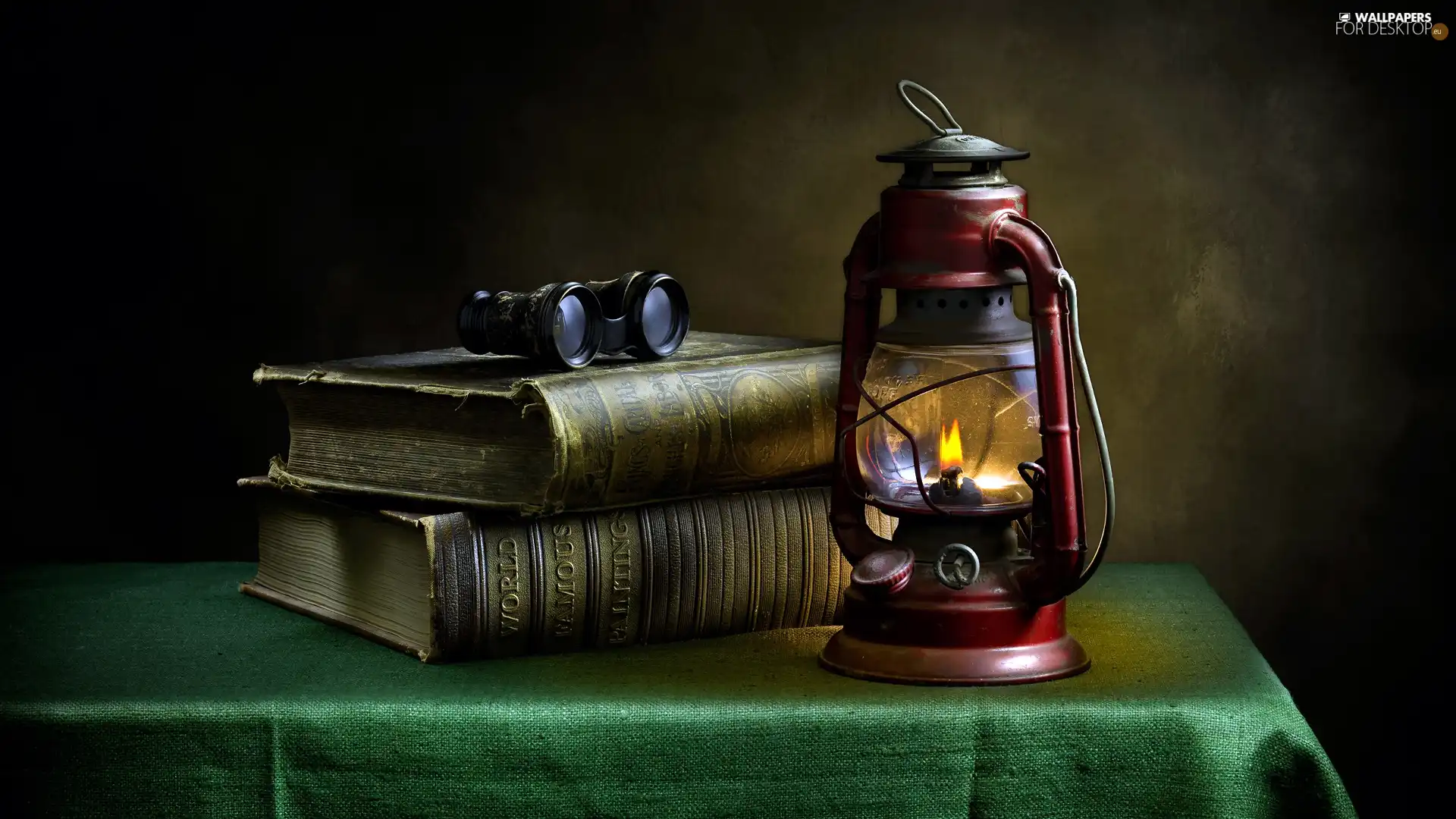 Books, Oil Lamp, composition, binoculars