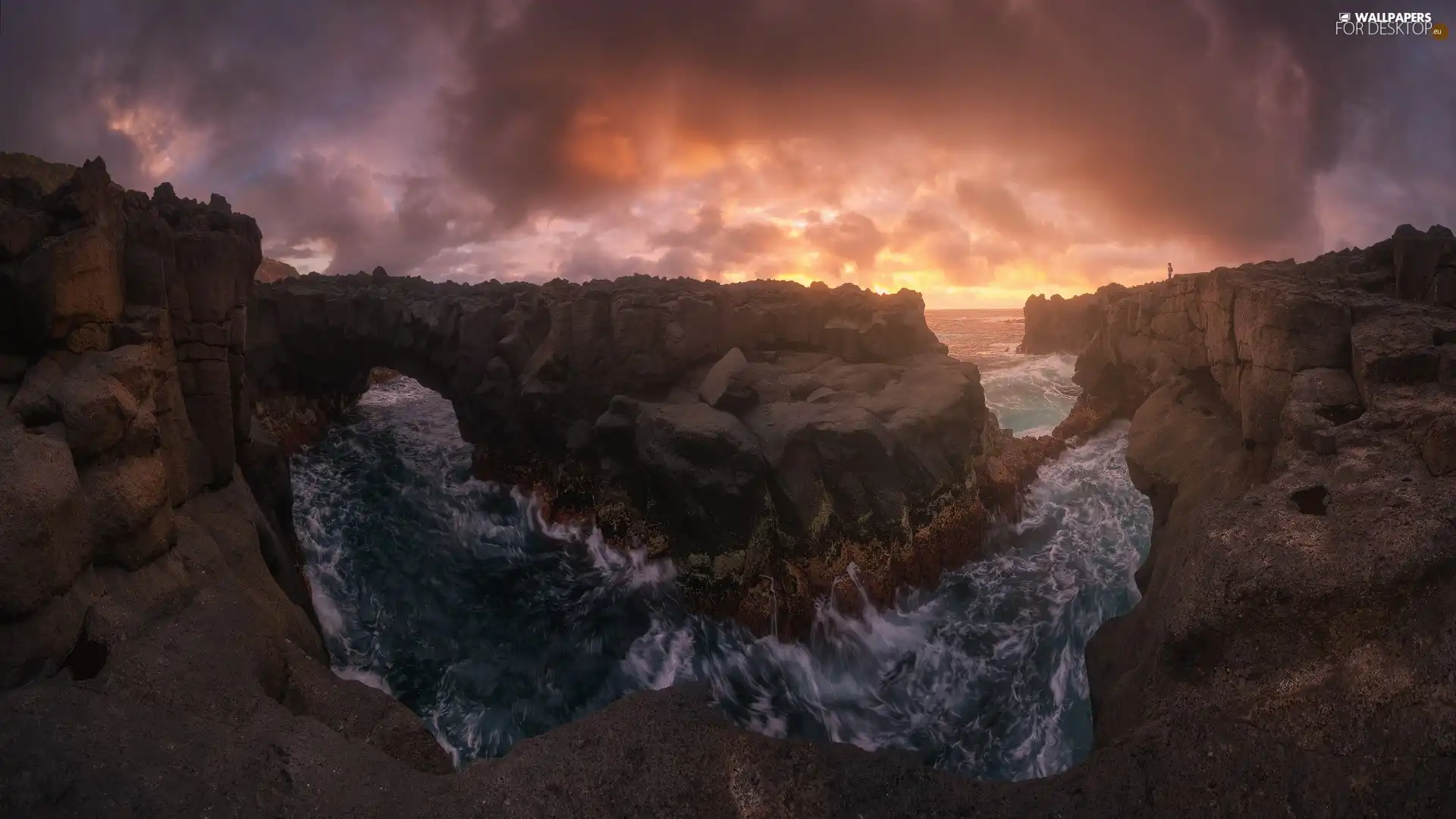 rocks, Coast, clouds, Great Sunsets, Azores, Portugal, Human, Atlantic Ocean, sea