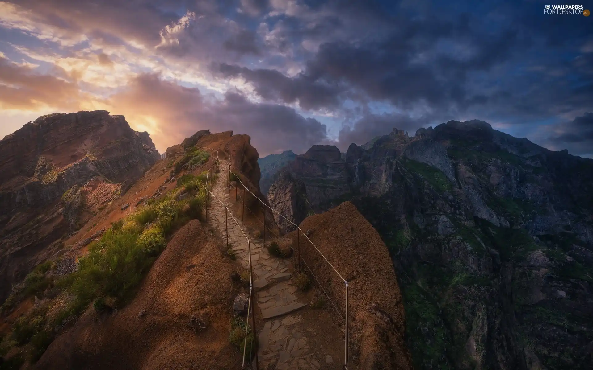 Great Sunsets, rocks, madeira, Path, Mountains, clouds, Portugal