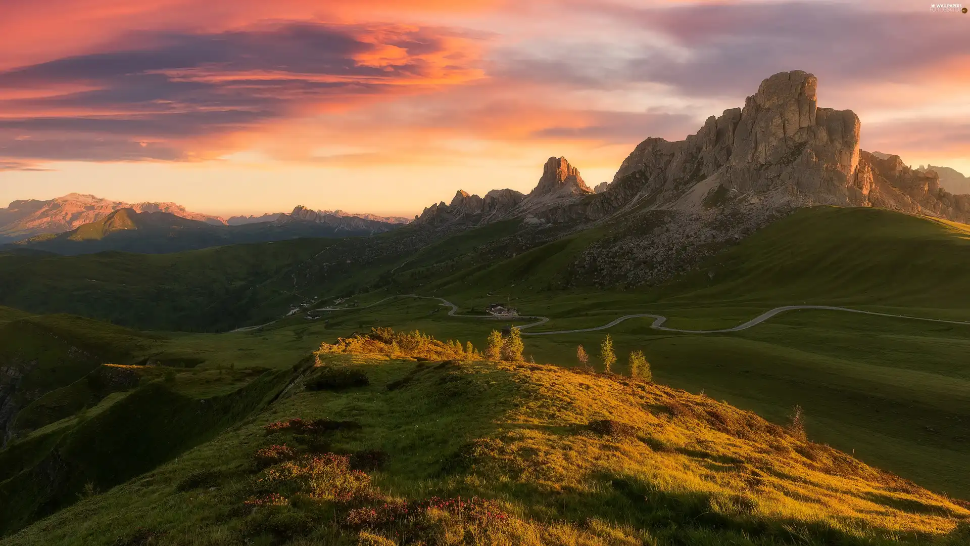 Mountains, Dolomites, winding, Hill, Meadow, Italy, Province of Belluno, Passo di Giau, pass, Great Sunsets, Way