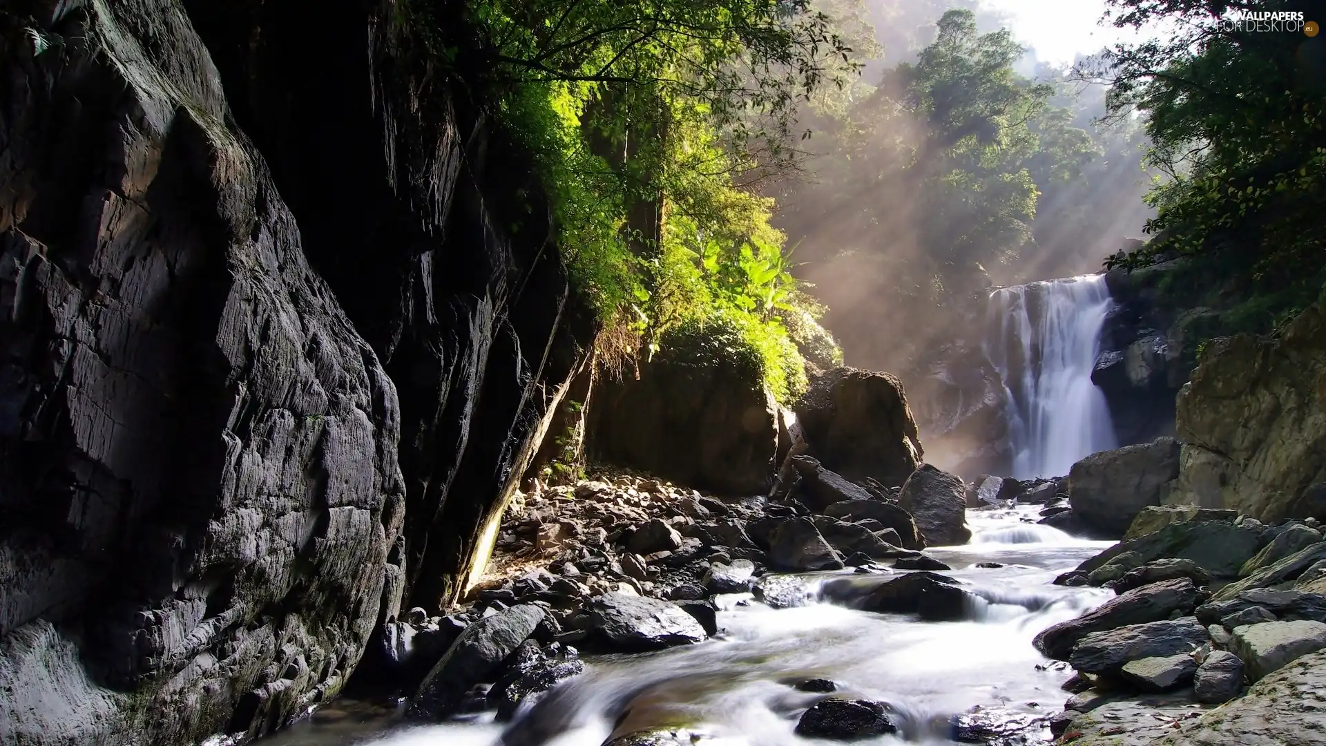 rays, sun, River, waterfall, rocks
