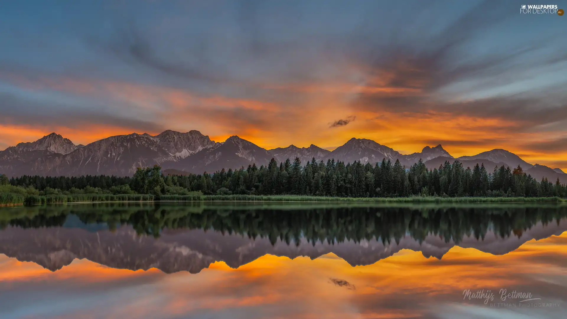 trees, lake, clouds, Mountains, Great Sunsets, viewes, reflection