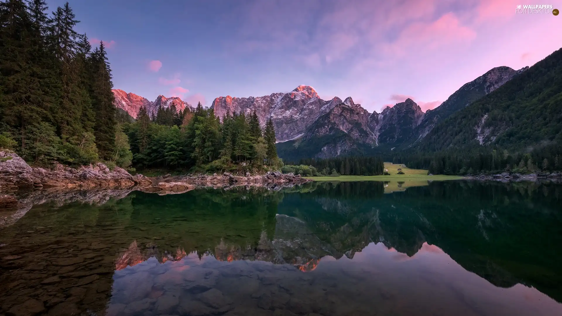 Julian Alps, Mountains, Fusine Lake, forest, reflection, Italy, viewes, clouds, trees