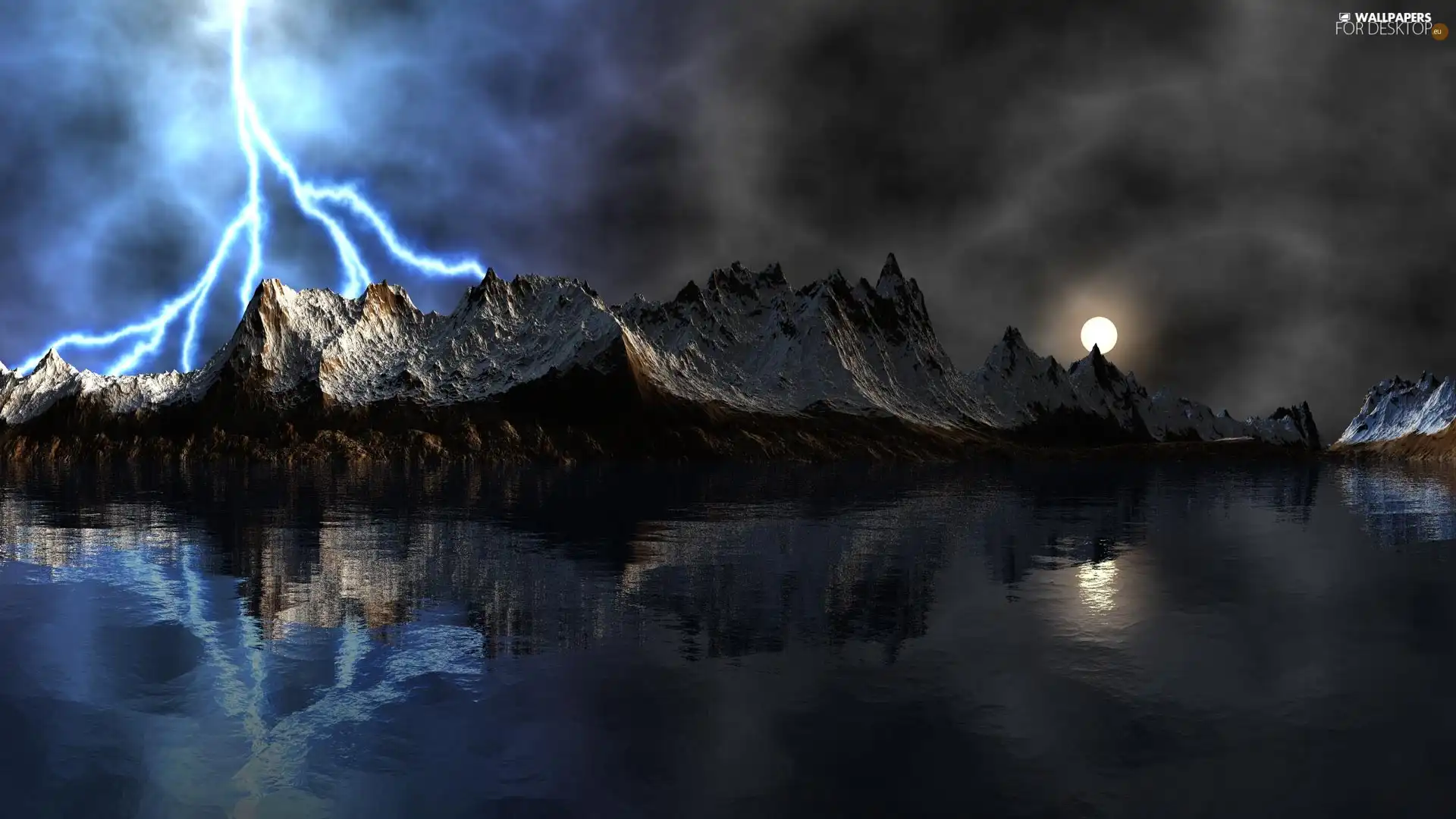 lightning, lake, reflection, Mountains