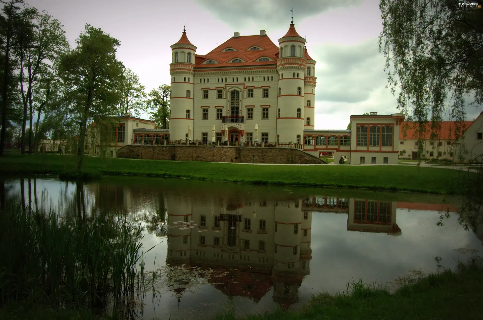 palace, water, reflection, Wojanow