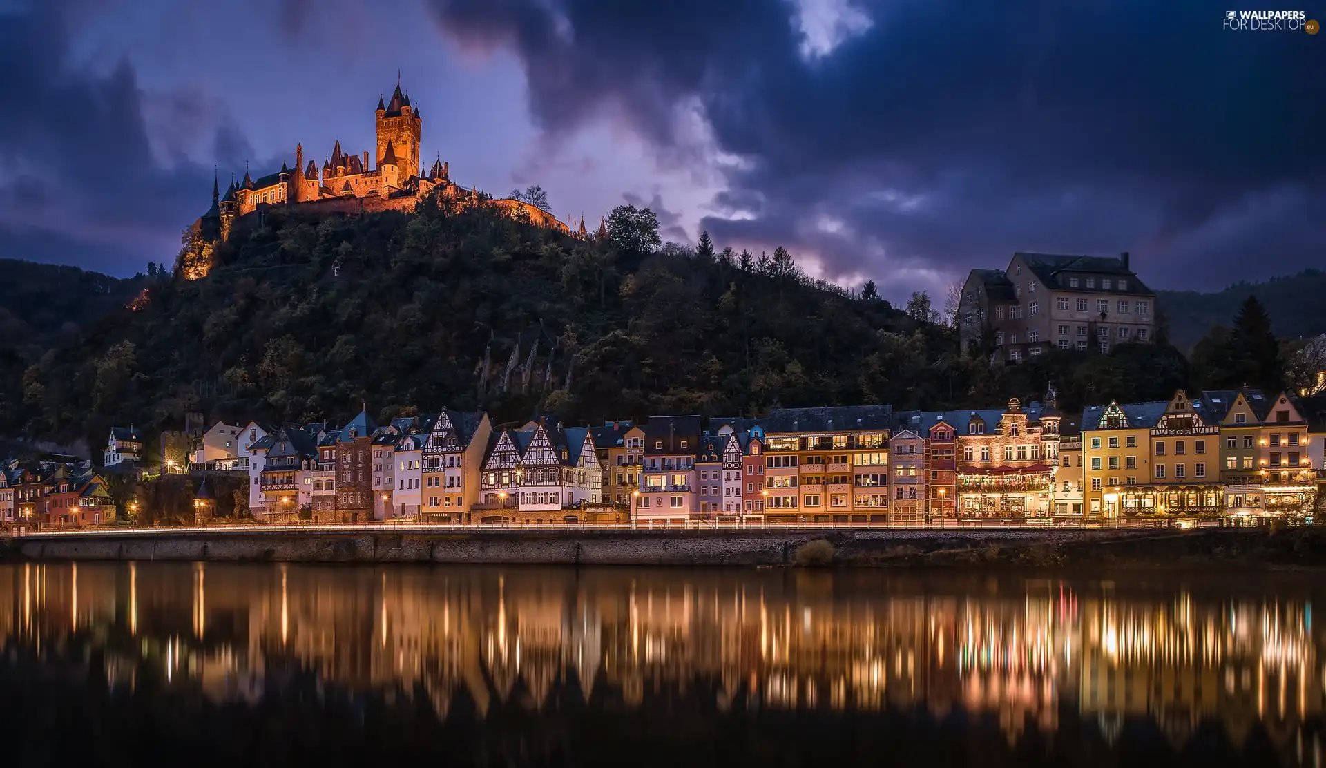 vessels, Houses, City of Cochem, Moselle River, Reichsburg Castle, light, Germany