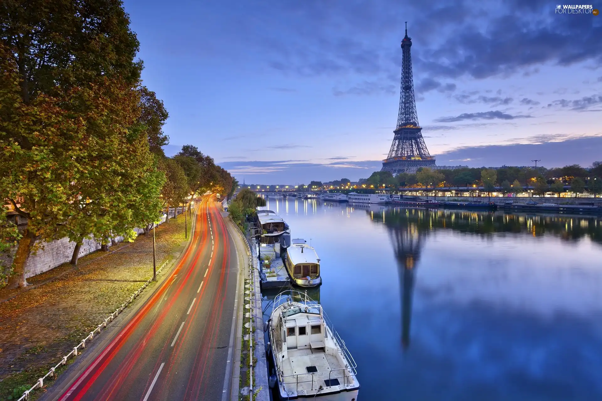 Paris, France, River, vessels, tower, Eiffla, trees, viewes, Way