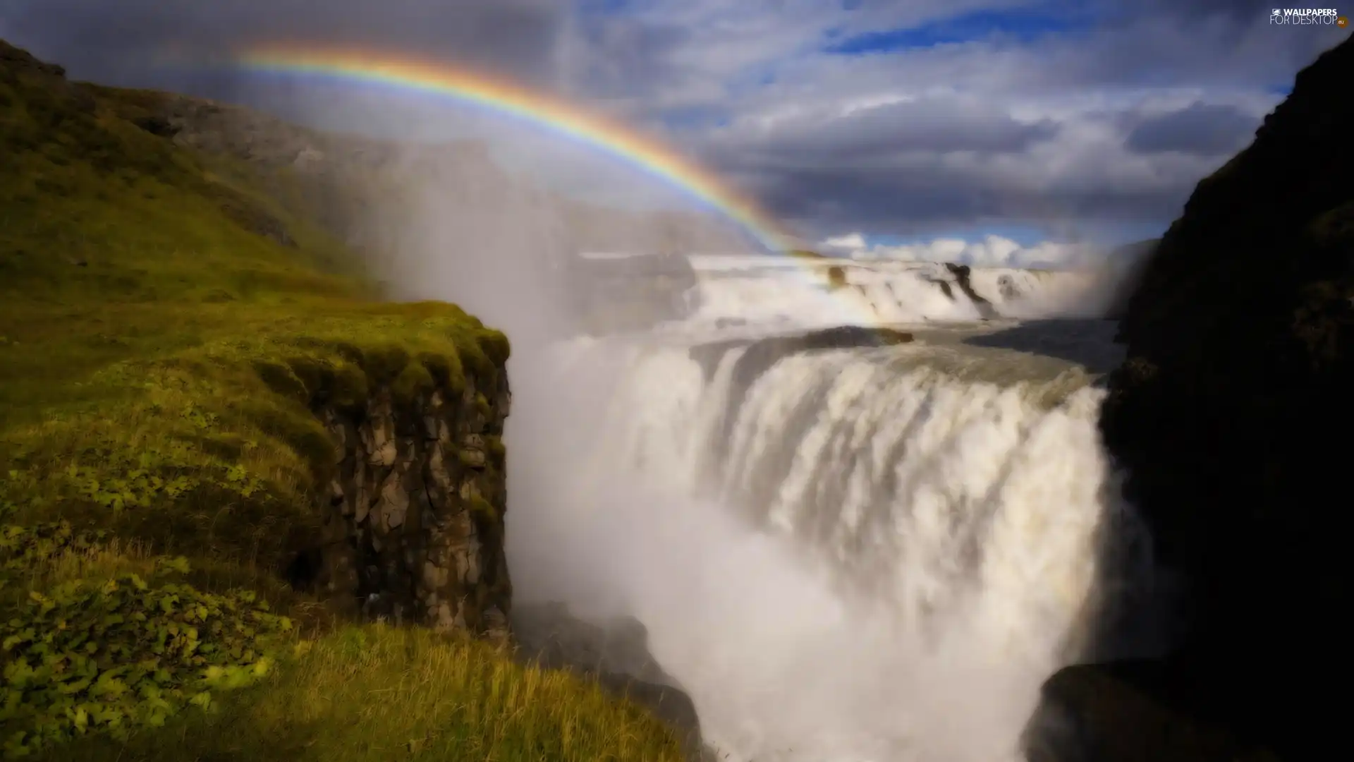 waterfall, Sky, rocks, Great Rainbows