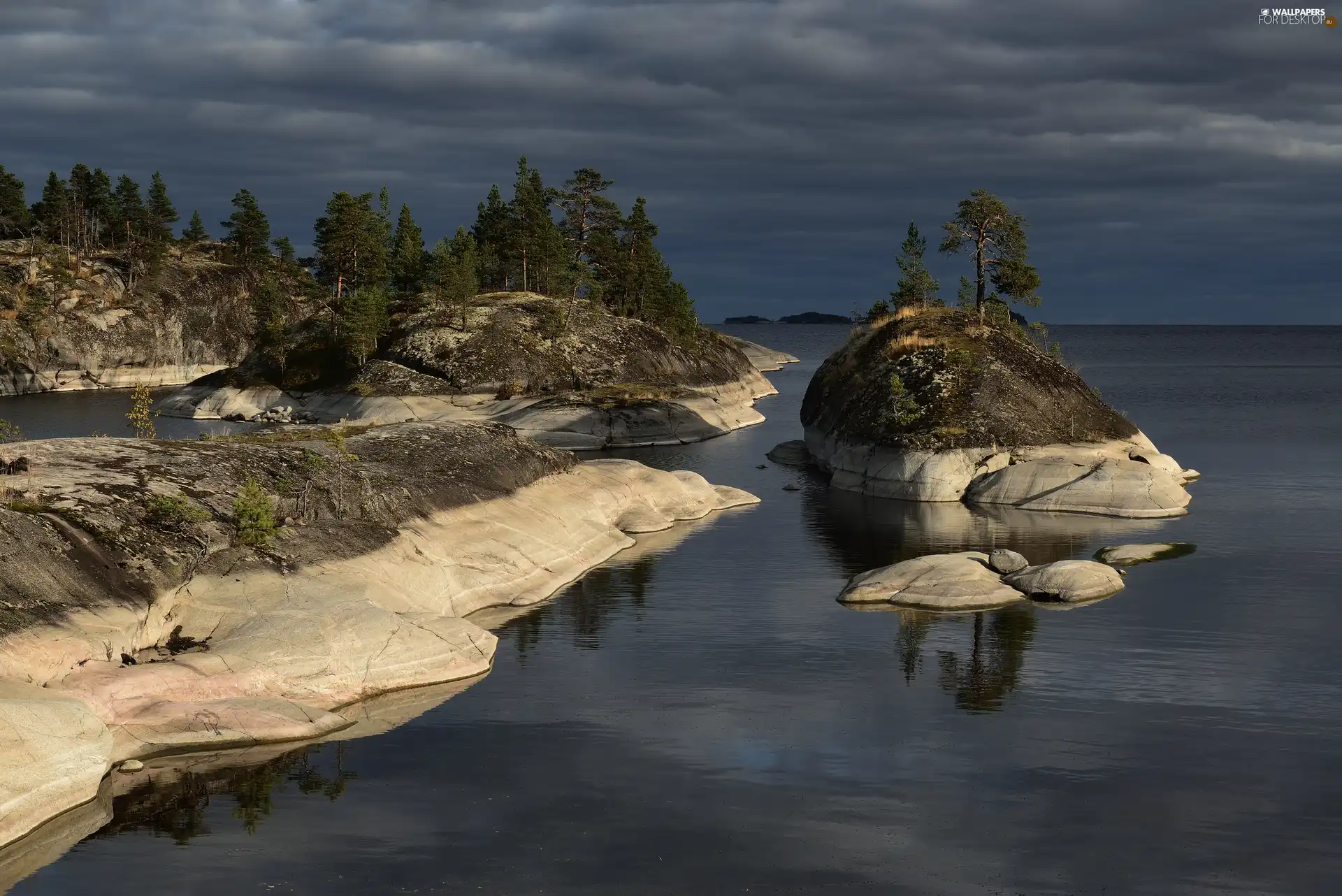 rocks, Lake Ladoga, Islets, trees, Karelia, Russia, Clouds, Sky, viewes