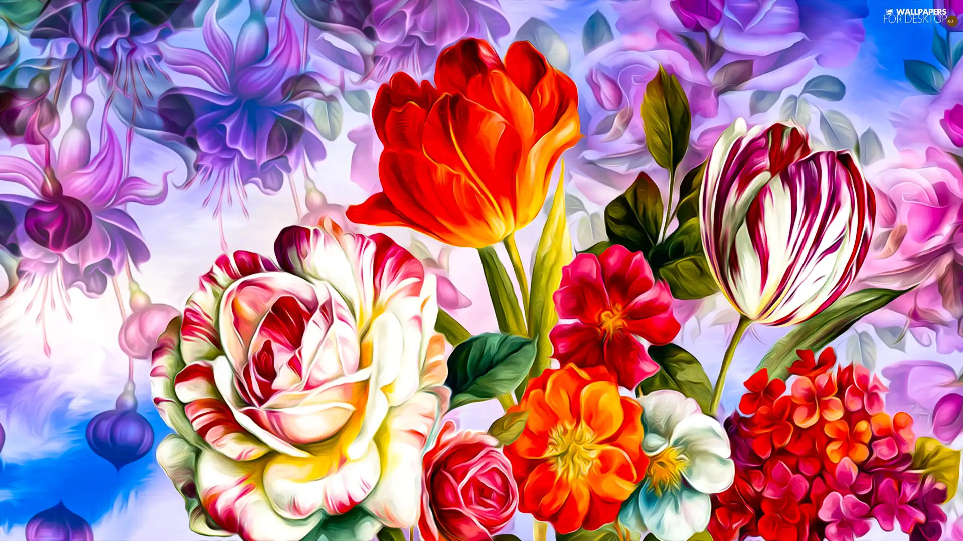 Flowers, Tulips, graphics, rose