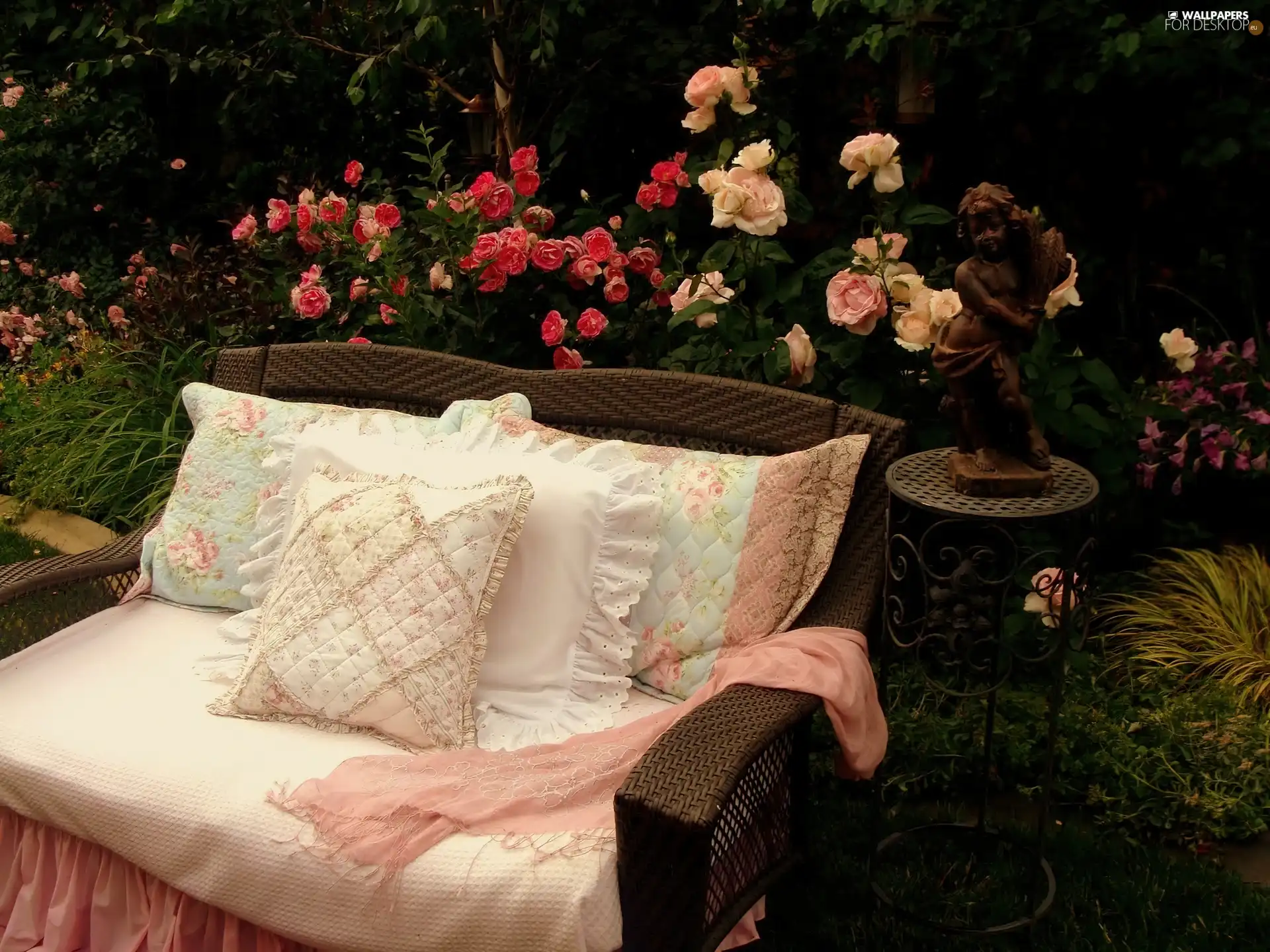 garden, pillows, roses, Sofa