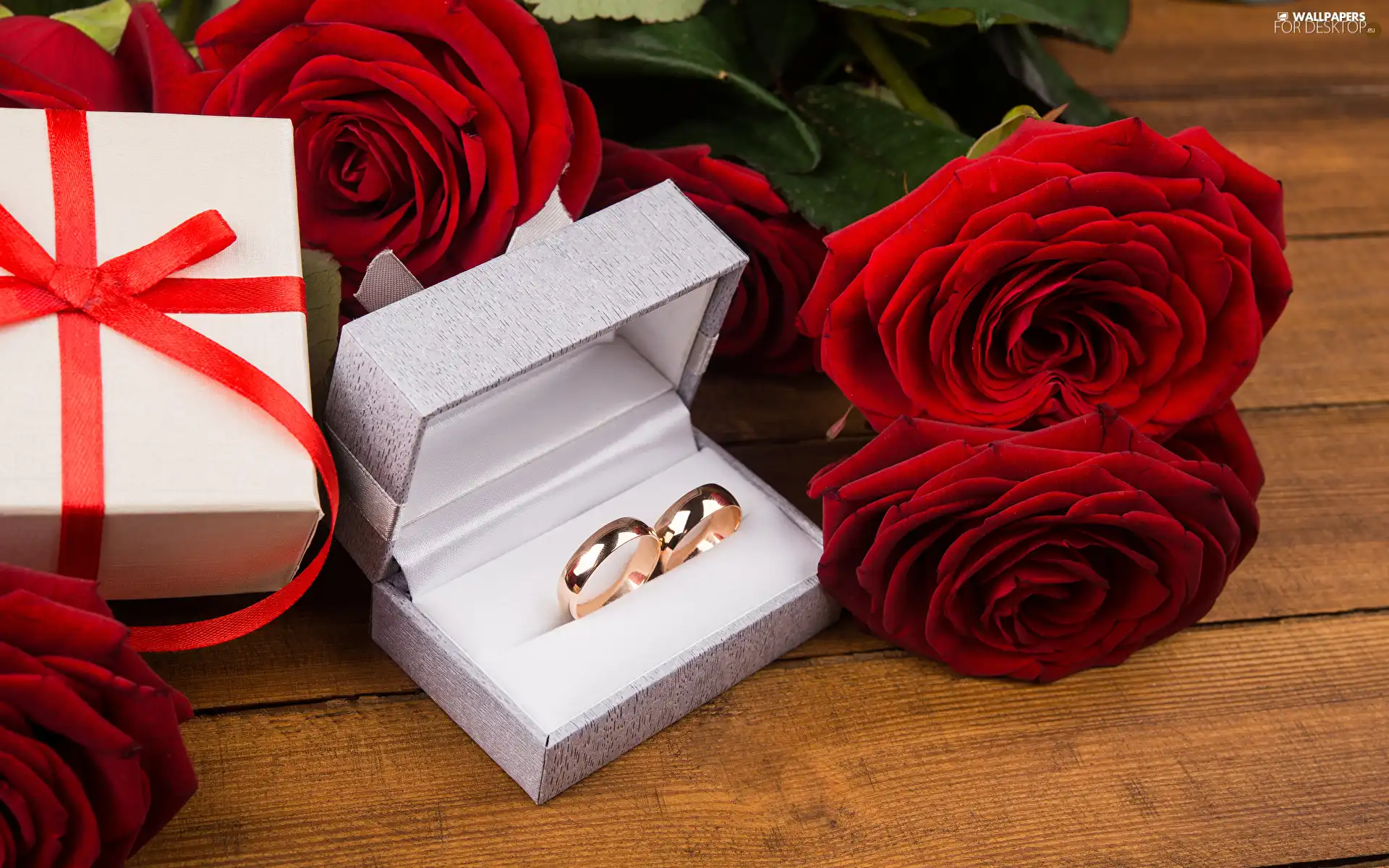 roses, Flowers, Red, bouquet, Present, boarding, rings, Box, marriage