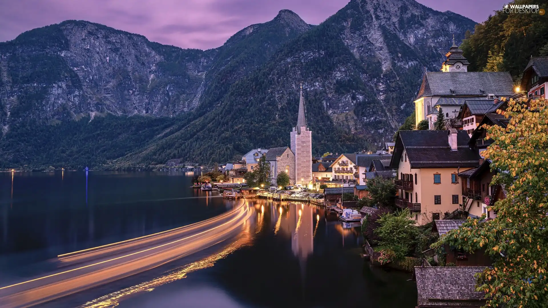 Salzburg Slate Alps, Hallstatt, Houses, Mountains, Austria, Hallstattersee Lake, light