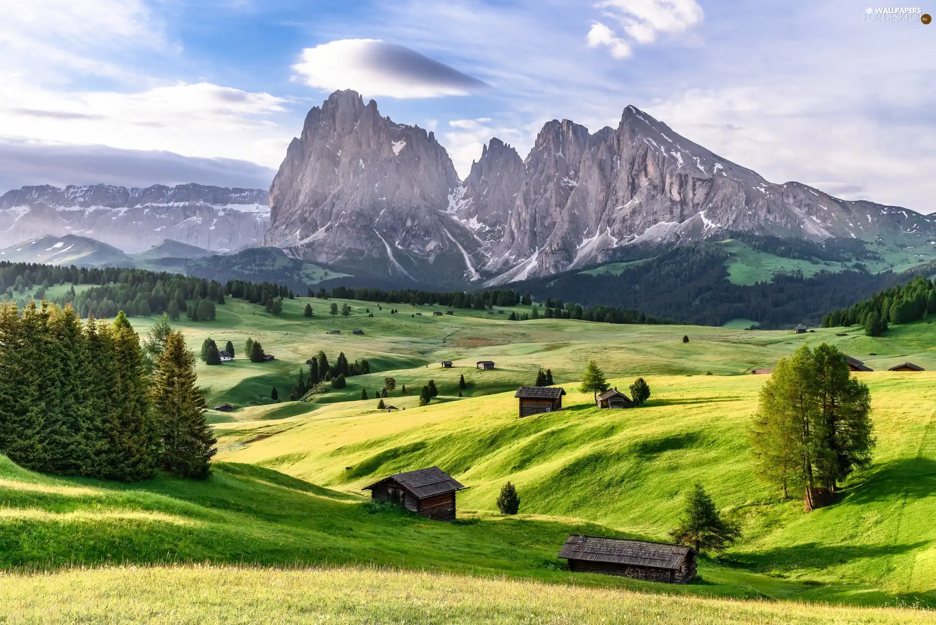 viewes, Dolomites, Val Gardena Valley, medows, Italy, Sassolungo Mountains, Seiser Alm Meadow, clouds, Houses, trees