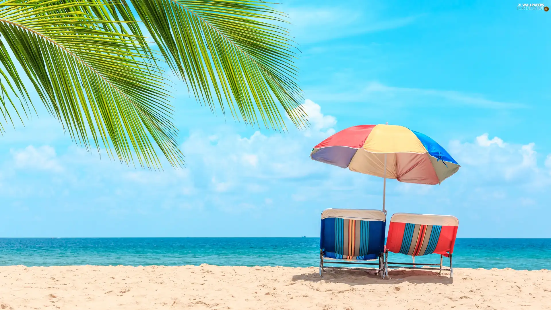 sea, holiday, Beaches, deck chair, Leaf, Palms, Sky, clouds, Umbrella