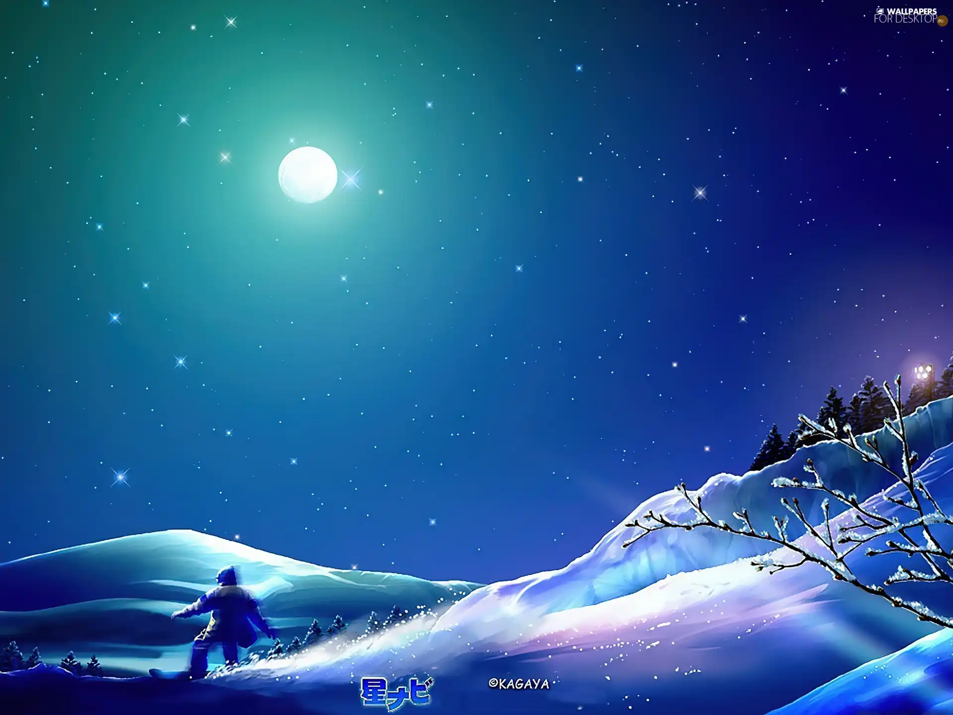 Skier, Kagaya, snow, moon, graphics