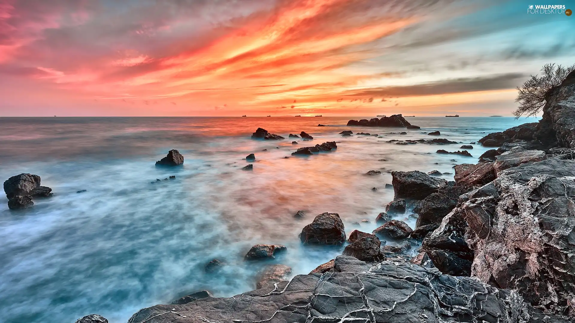 Great Sunsets, sea, Sky, rocks, color, Coast