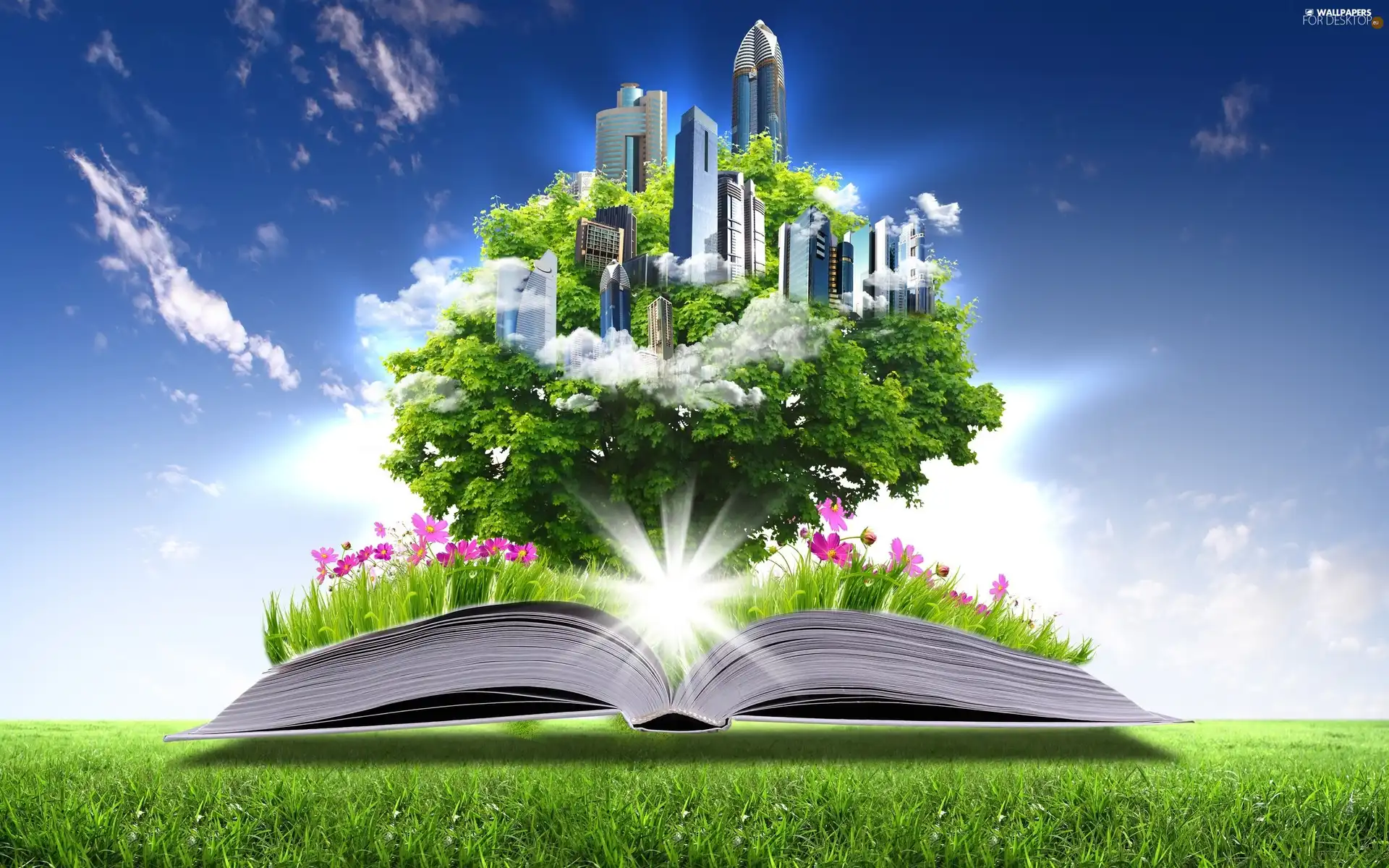 skyscrapers, clouds, Flowers, trees, Book