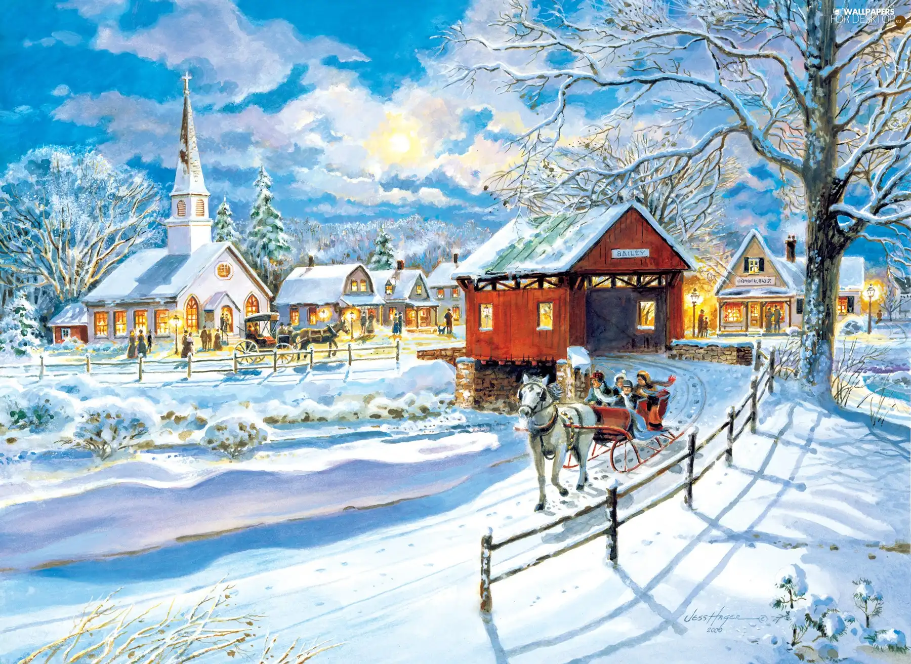 sleigh, Town, winter
