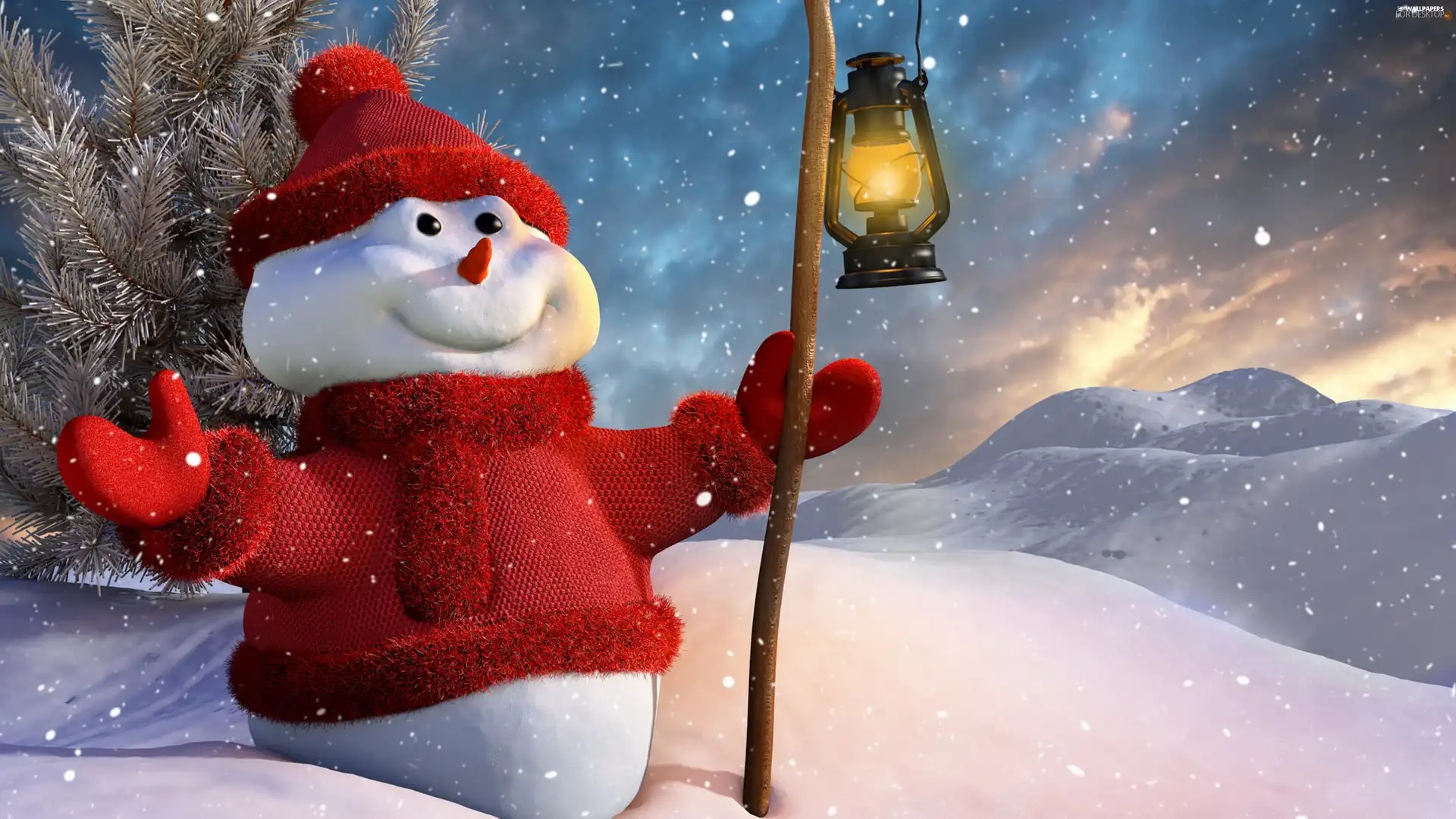 Lamp, snow, clothes, lantern, Snowman