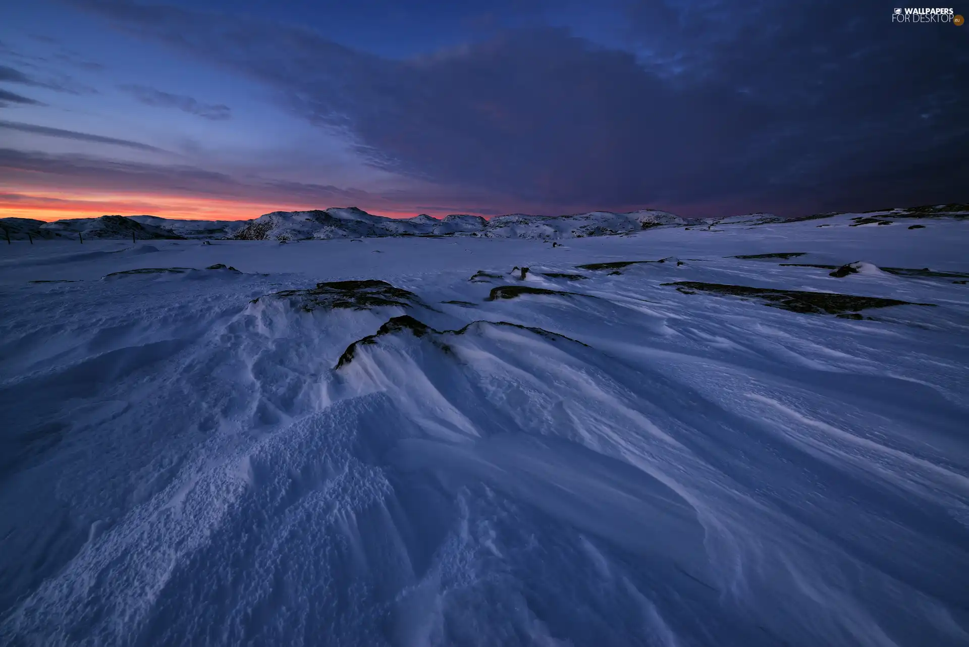 drifts, winter, Mountains, snow, Great Sunsets