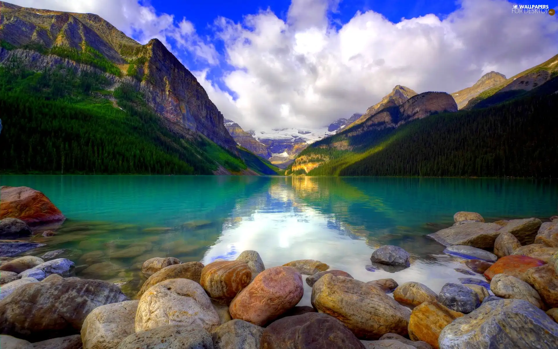 Mountains, clouds, Stones, lake