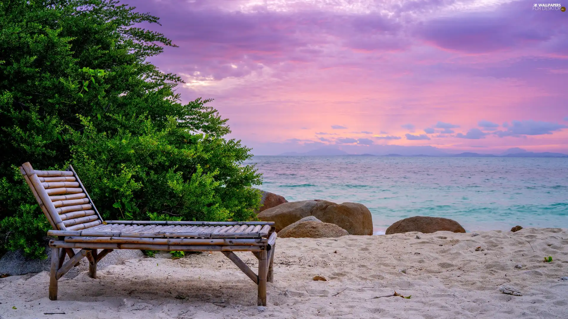hammock chair, sea, Stones, Sunrise, Bush, Beaches