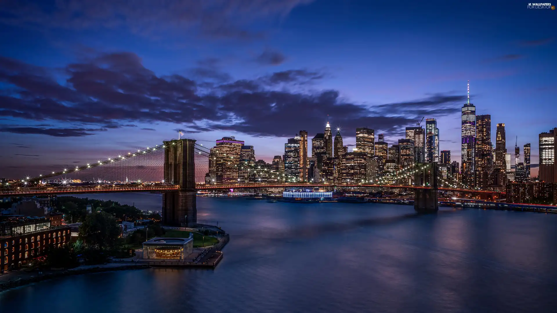skyscrapers, dawn, The United States, East River Strait, Manhattan, Brooklyn Bridge, Brooklyn Bridge, New York
