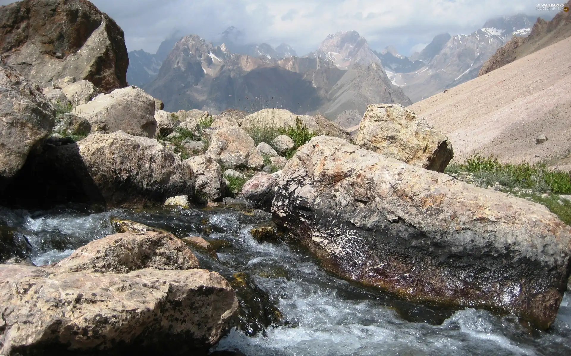 stream, Mountains, rocks
