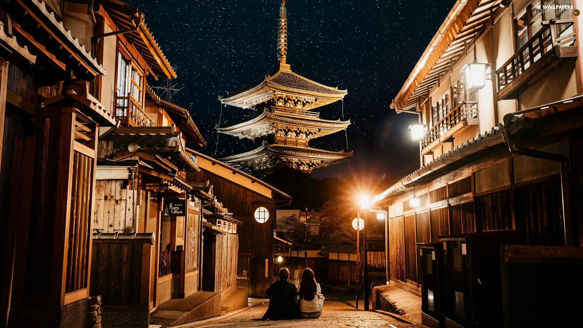 lanterns, temple, Tokio, Street, Houses, People, Japan
