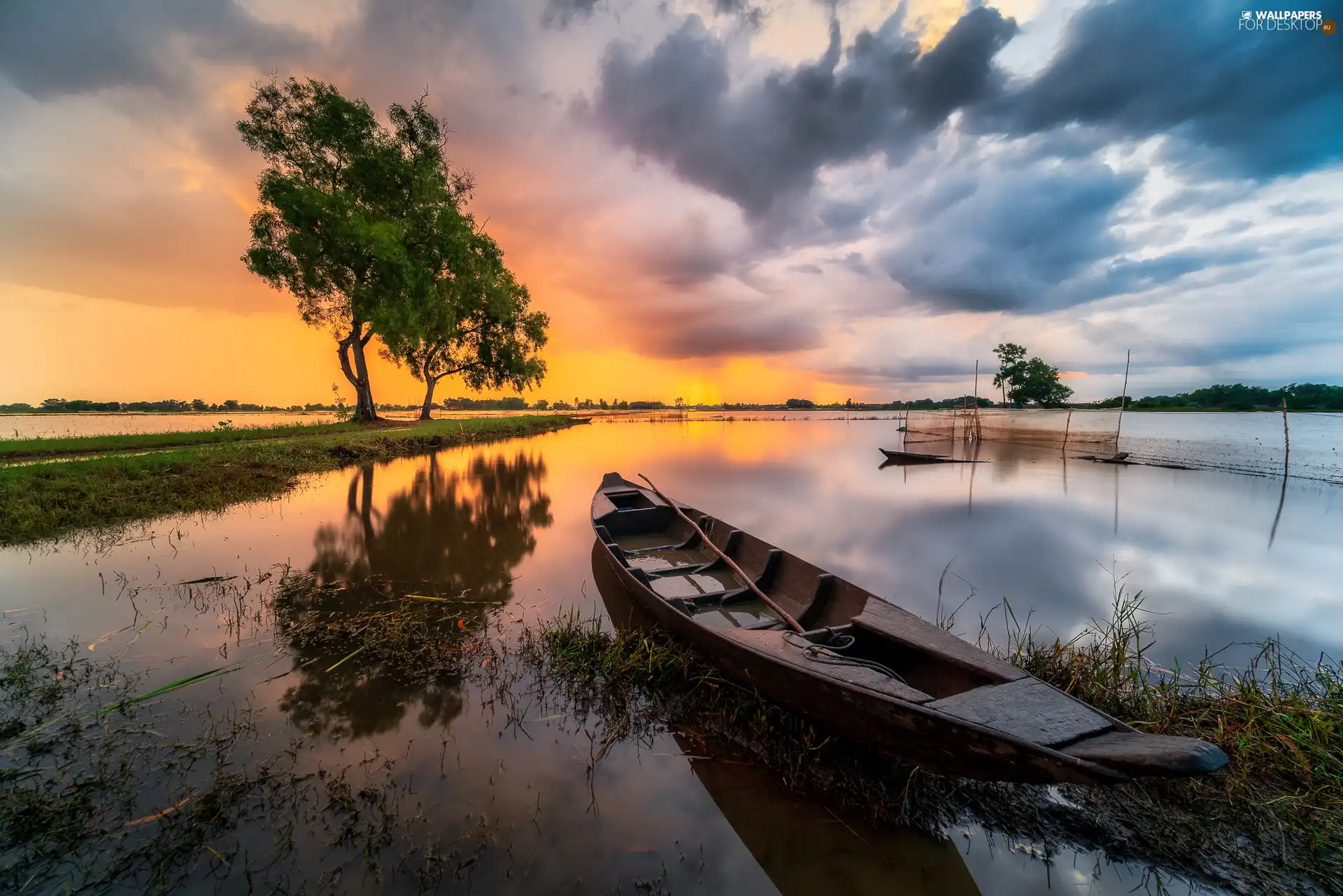 trees, Boat, clouds, grass, River, viewes, Great Sunsets