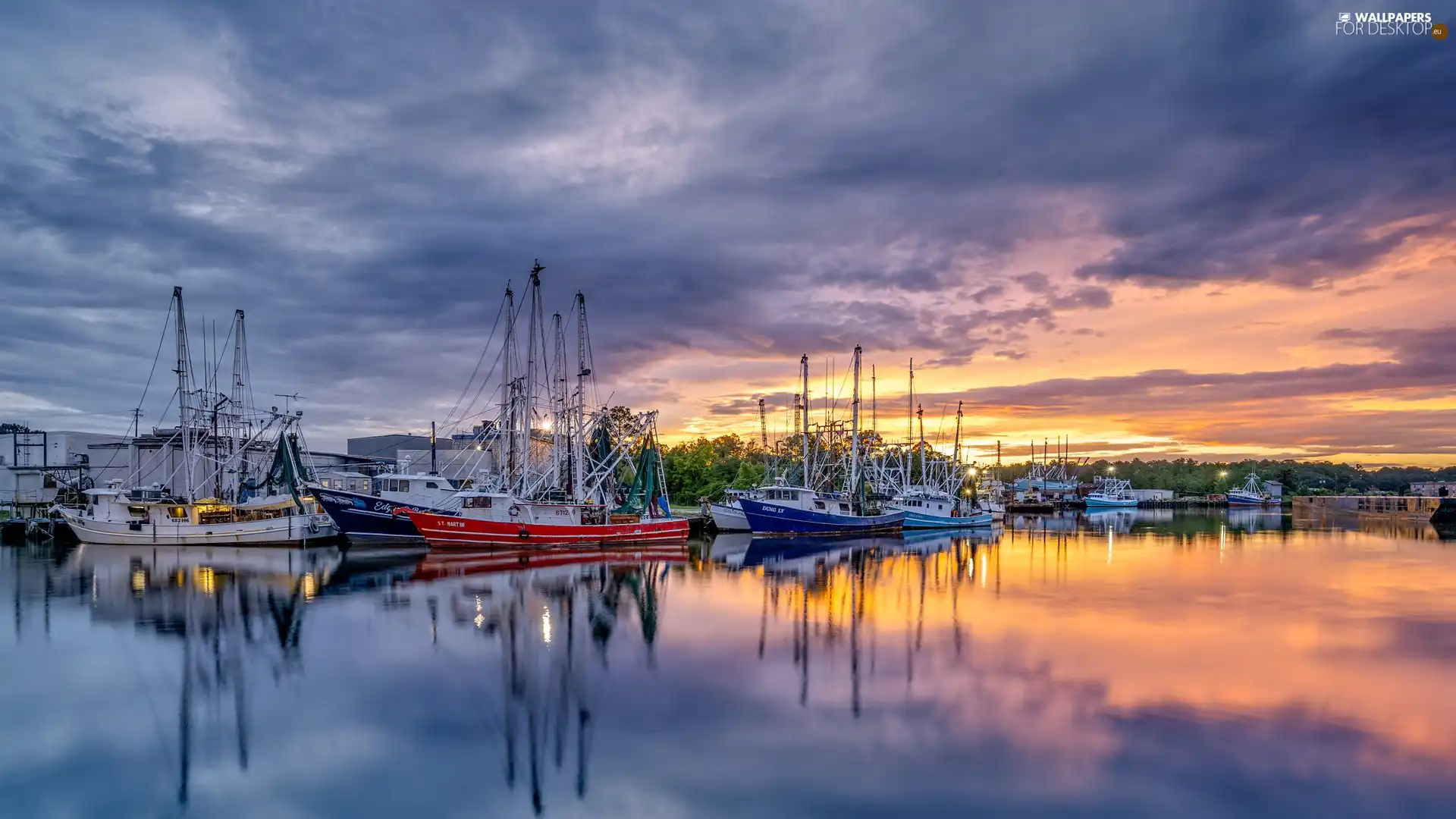 trees, port, Great Sunsets, clouds, viewes, Sailboats