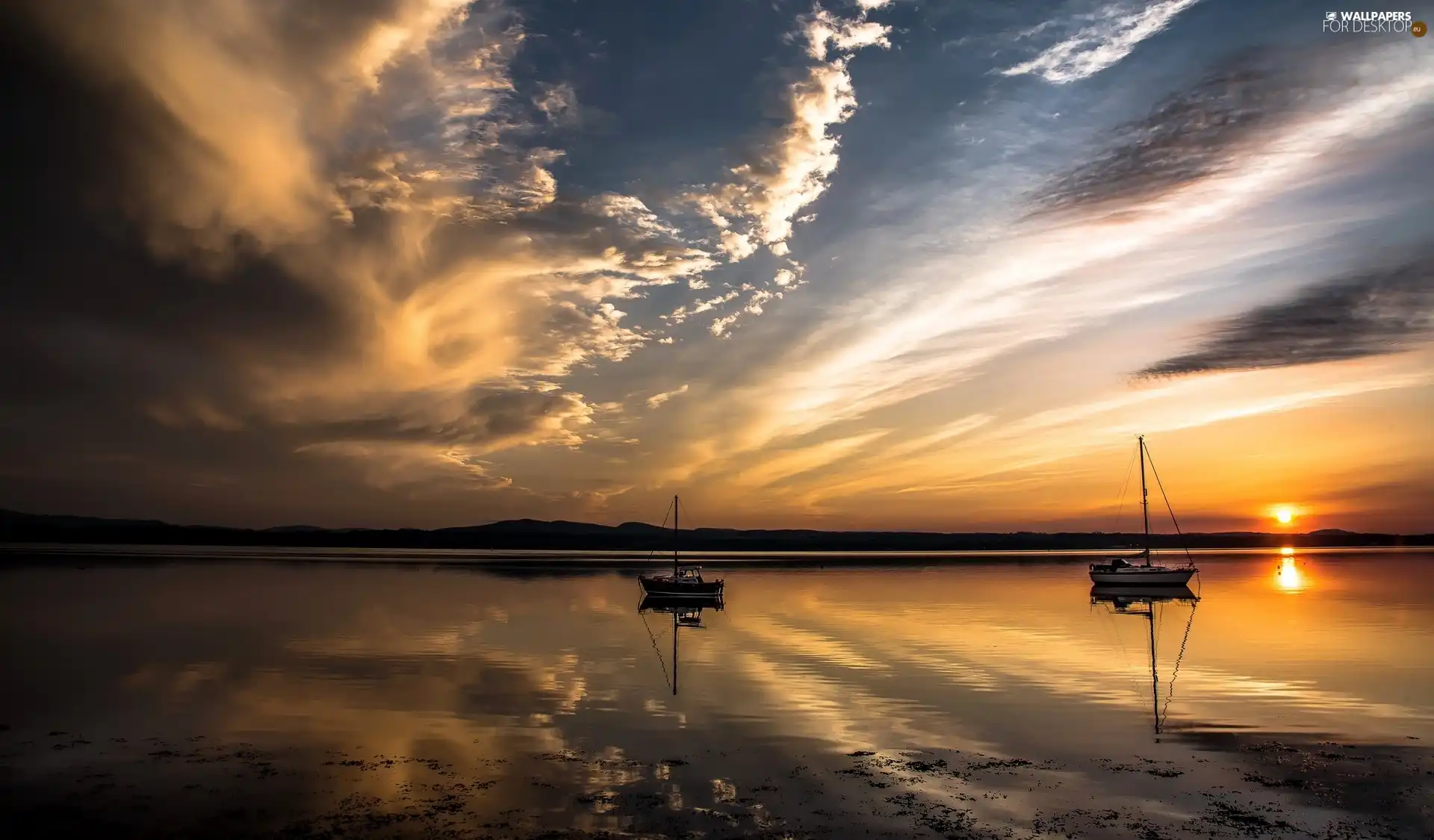 reflection, clouds, Great Sunsets, Sailboats, lake