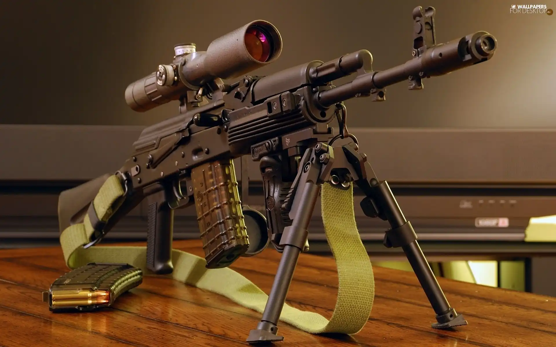 Table, telescope, AK-47, magazine, gun