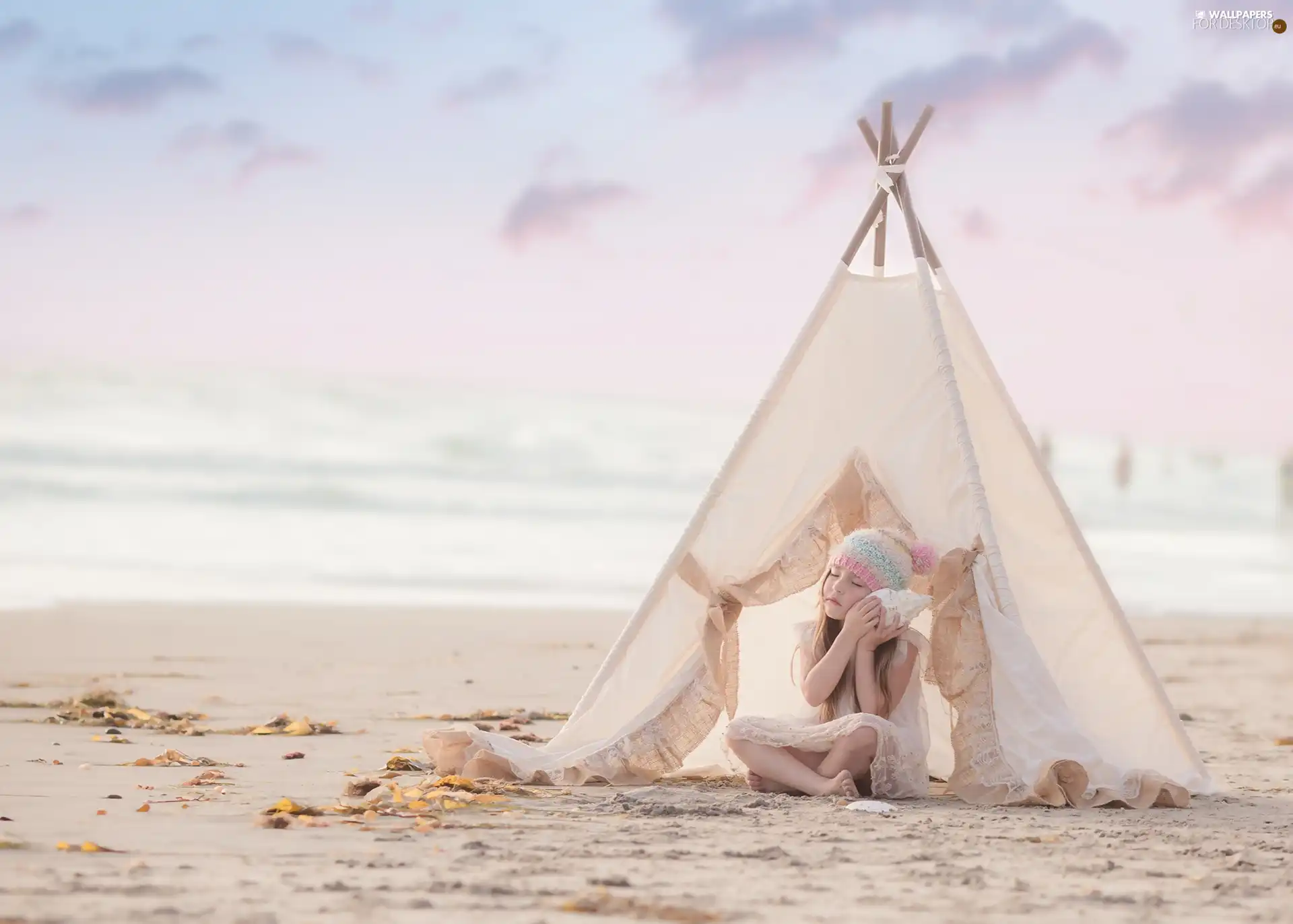Tent, Beaches, Kid, shell, girl