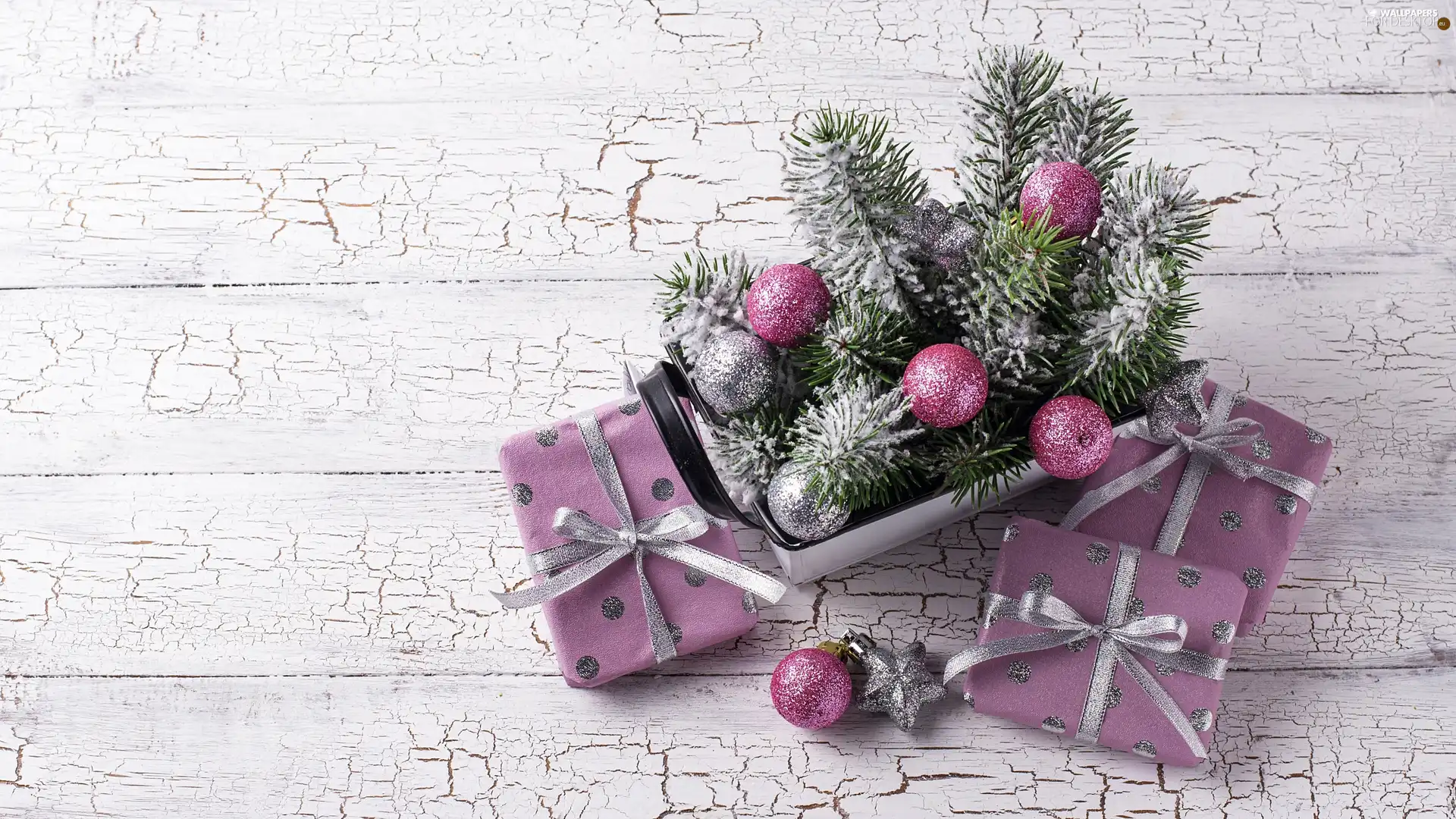 Three, Christmas, Silver, cracked, Pink, composition, Twigs, Wood, gifts, baubles