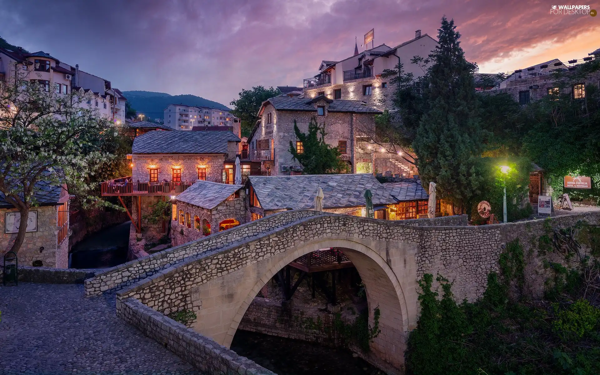 Mostar, Bosnia and Herzegovina, bridge, evening, Houses, Town