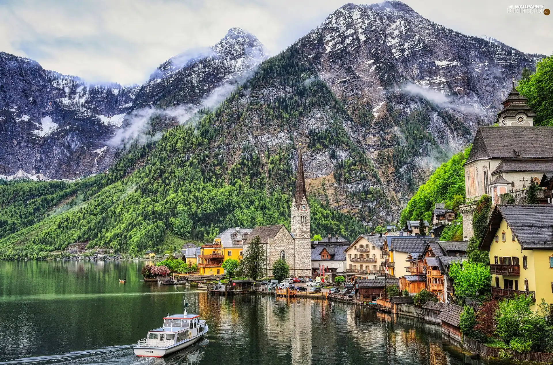Houses, Austria, Mountains, Church, trees, Ship, Hallstattersee Lake, Hallstatt, Town, viewes, woods