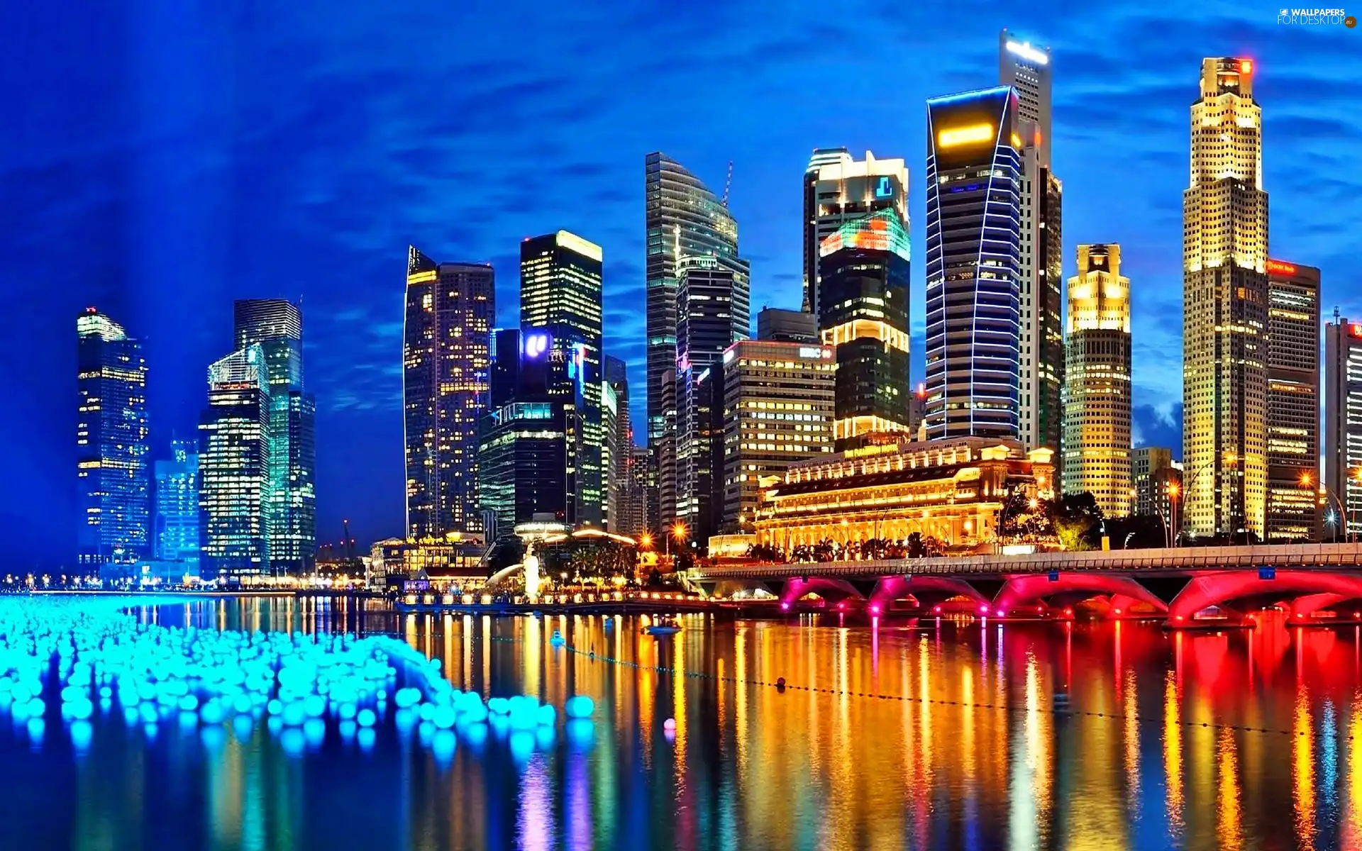 bridge, skyscrapers, Town, night, Singapur, clouds