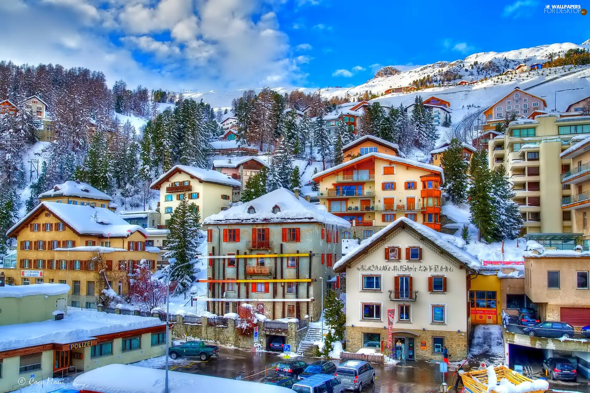 winter, Houses, Town, Mountains