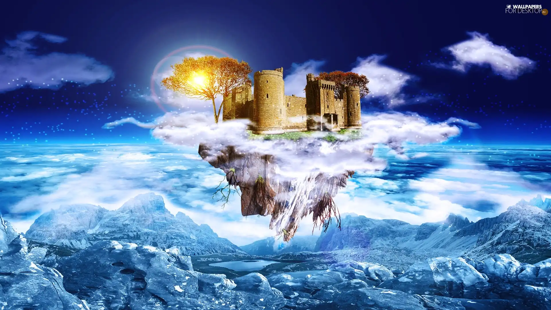 Castle, Island, Sky, rocks, graphics, Tree, fantasy