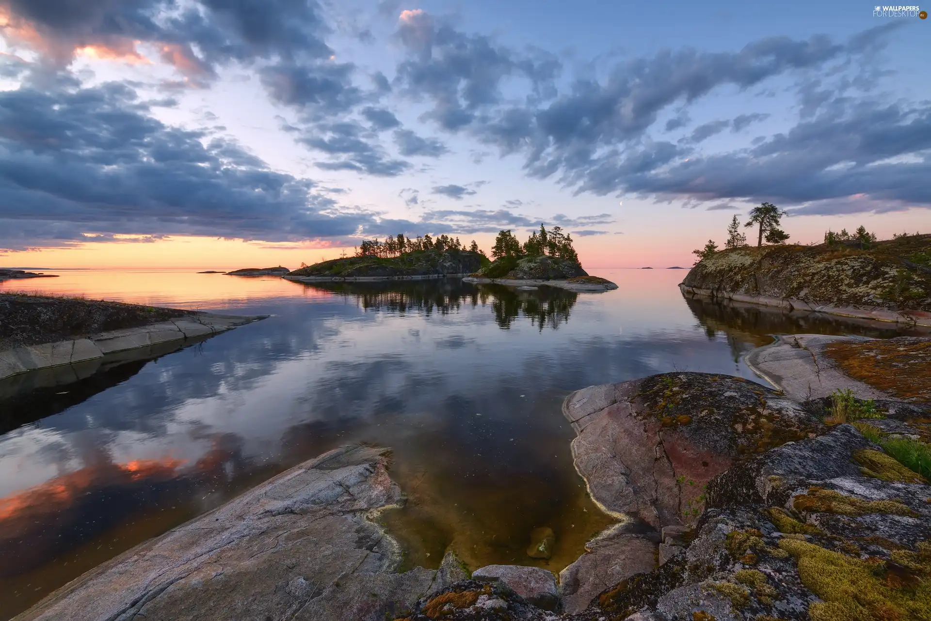 Russia, Islet, clouds, rocks, viewes, Ladoga, lake, trees