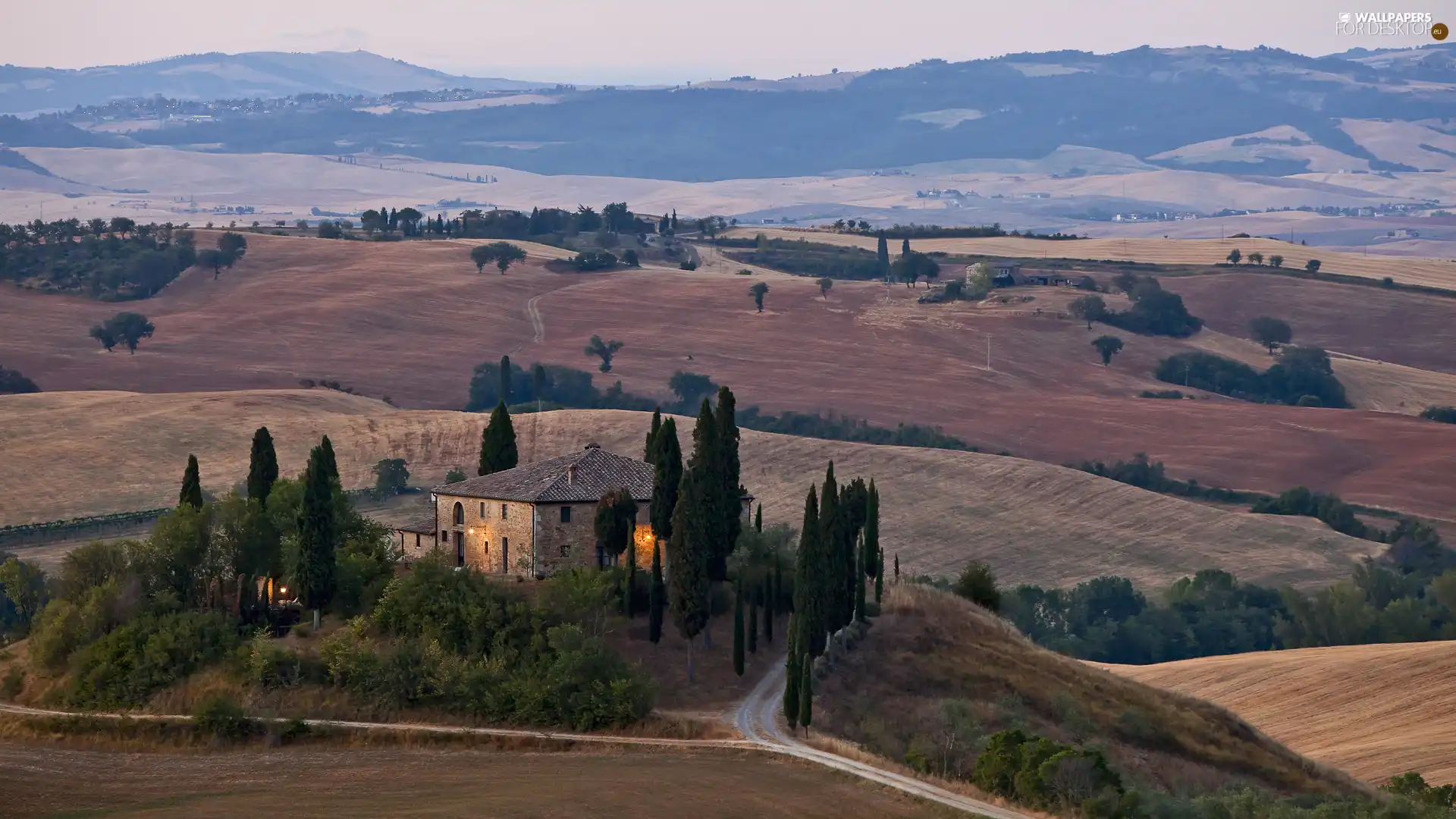 viewes, house, Tuscany, trees, Hill, cypresses, Italy