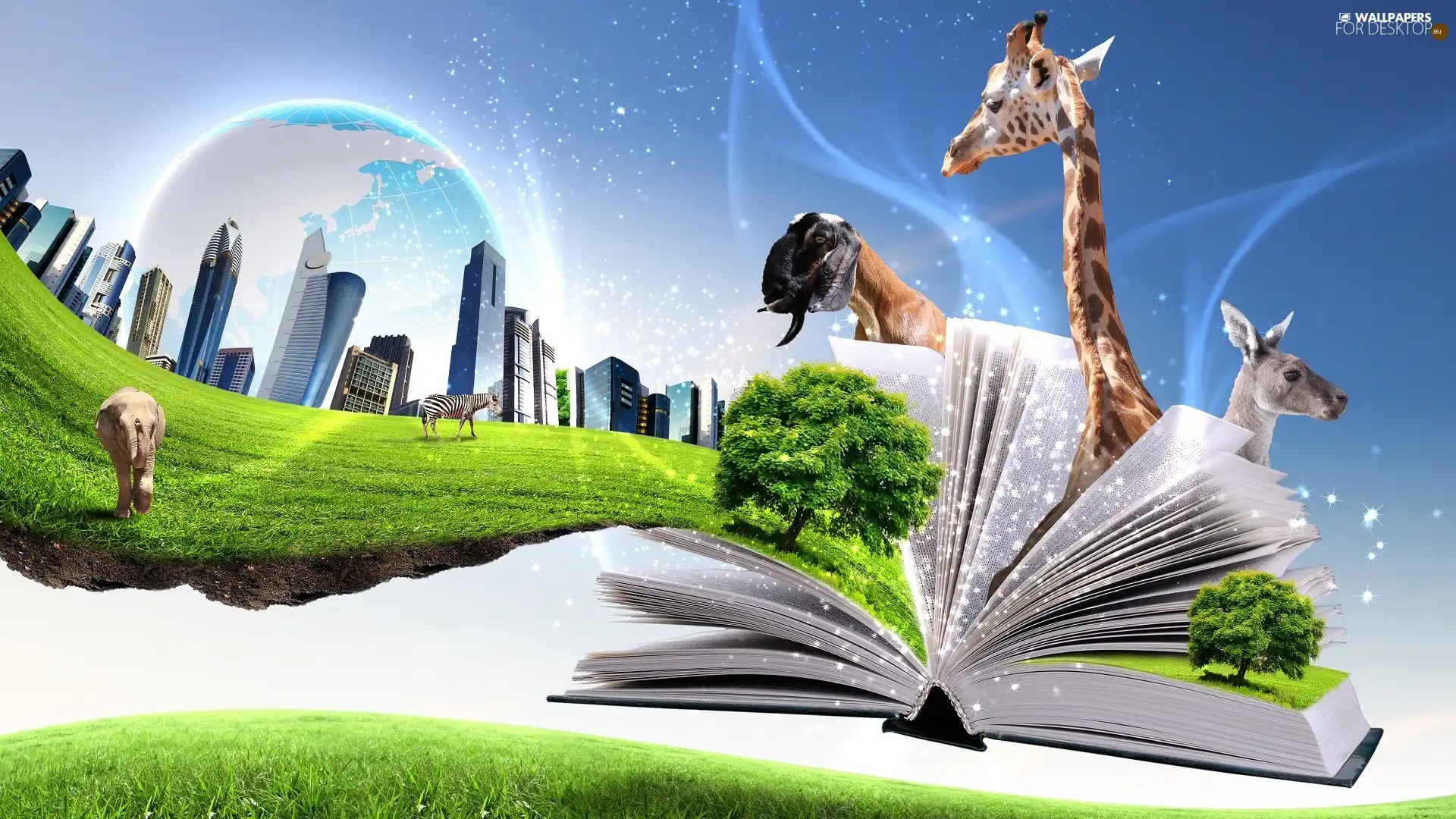 trees, viewes, skyscrapers, animals, Book