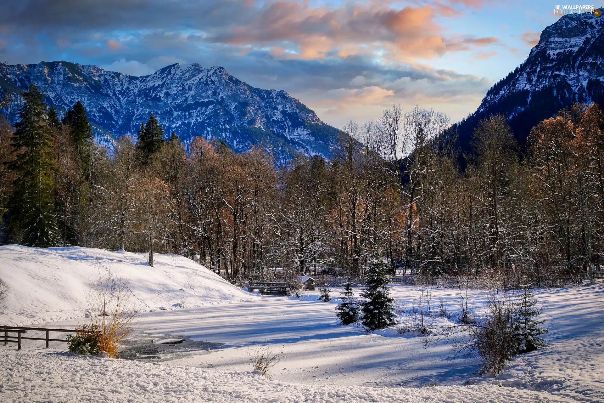 Valley, snowy, bridges, Pond - car, viewes, Mountains, winter, trees